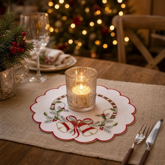 Cififendec Christmas Embroidered Placemat, 11.81", Christmas Scalloped Edge Table Mat for Candle Centerpiece Arranging and Tabletop Decoration