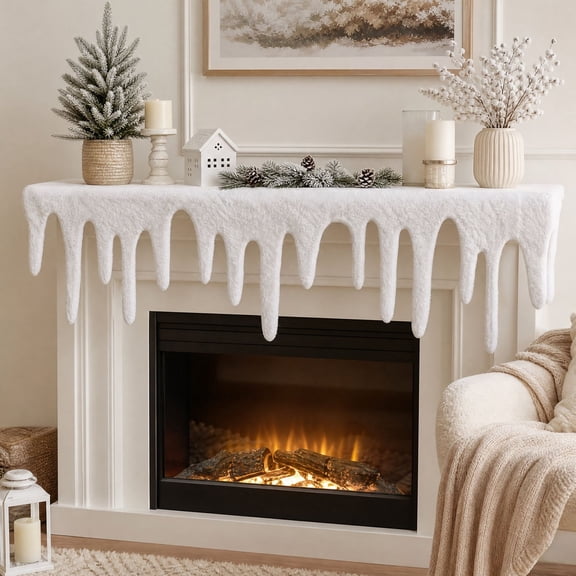 Cififendec Christmas Faux Icicle Mantel Scarf, Plush Snow Drip Fireplace Table Runner for Winter Fireplace Shelf Dressing Sideboard Styling, 47.2"14.4"