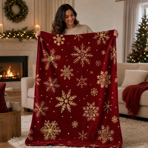 Cififendec Christmas Fleece Throw Blanket, Snowflake Burgundy Printed Soft Warm Blanket for Bedside and Xmas Reading Spot, 59.05"×39.37"