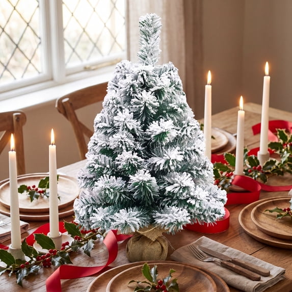 Cififendec Christmas Flocked Mini Tabletop Tree, 17.71", Christmas Snow Dusted Artificial Evergreen Centerpiece for Christmas Dining Table Seasonal Setting Arrangement