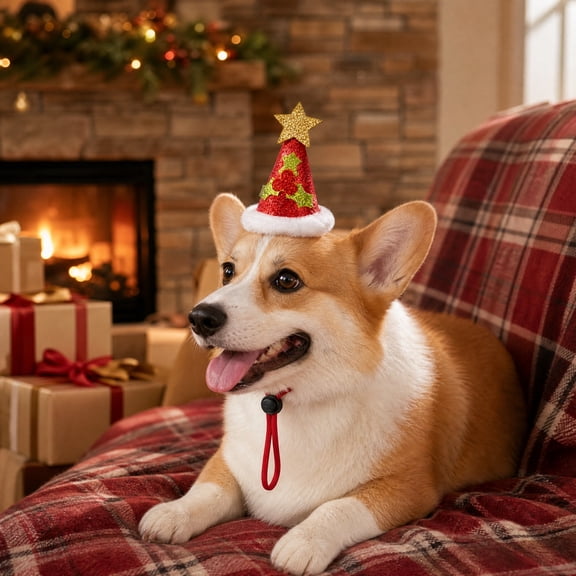 Cififendec Christmas Glitter Star Pet Party Hat, 3.54"×2.36", Bow Decor Xmas Tree Cone Headwear with Adjustable Strap for Pet Holiday Party, Photo Shooting Decor
