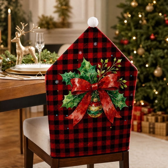 Cififendec Christmas Hat Ball Chair Cover, Buffalo Plaid Printed Half Wrapped Dining Chair Slipcover for Dining Chair and Xmas Dinner, 22.83"×12.3"