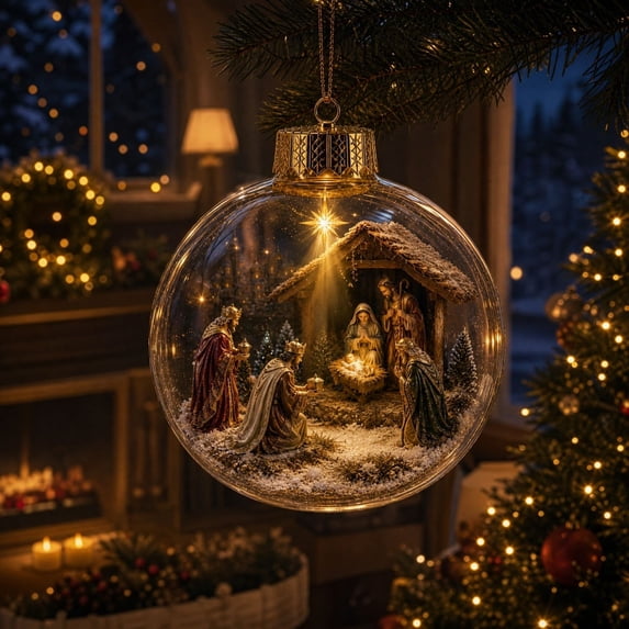 Cififendec Christmas Lighted Clear Bauble Ornament, 3.15", Illuminated Transparent Ball with Nativity Scene Figurine for Christmas Tree Suspending