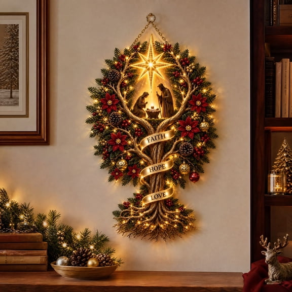 Cififendec Christmas Lighted Nativity Scene Wall Decor, 23.6", Tree Shaped Hanging Ornament with Warm Led Lights for Wall Panel and Foyer Arranging