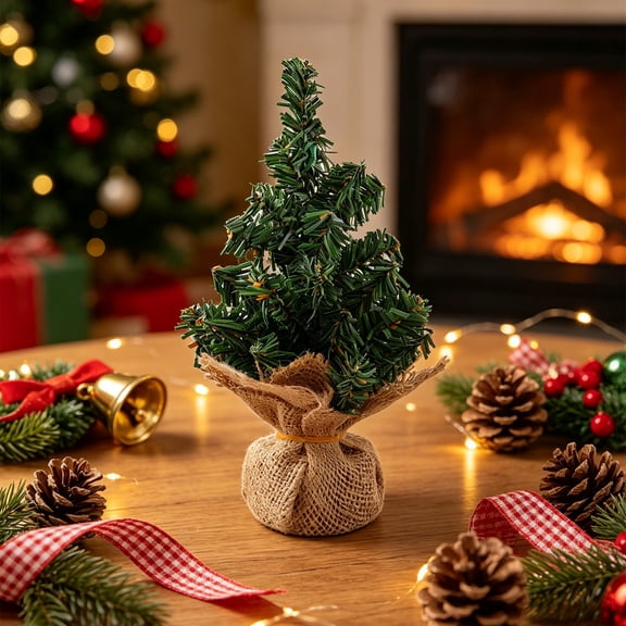 Cififendec Christmas Mini Artificial Pine Tree with Burlap Base, 7.87"3.54", Tabletop Small Evergreen Sapling for Desk Mantel Xmas Rustic Indoor Holiday Arrangement