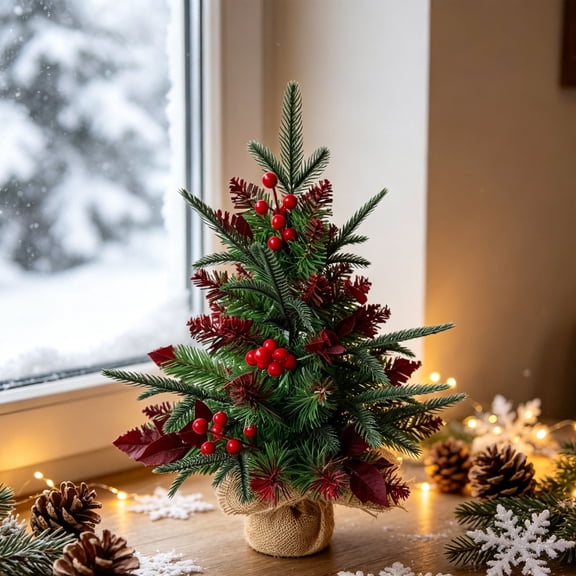 Cififendec Christmas Mini Artificial Pine Tree with Red Berries, 17.72", Burlap Base Small Artificial Xmas Tree as Gift for Bedroom Coffee Table Farmhouse Decor
