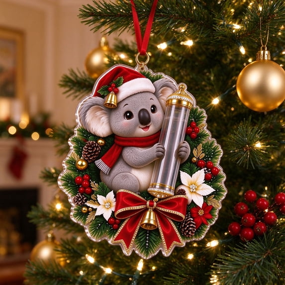 Cififendec Christmas Money Holder 6.38"×5.91", Santa Hat Koala Holding Clear Wish Tube, Xmas Tree Ornament for Mantel Window Decor