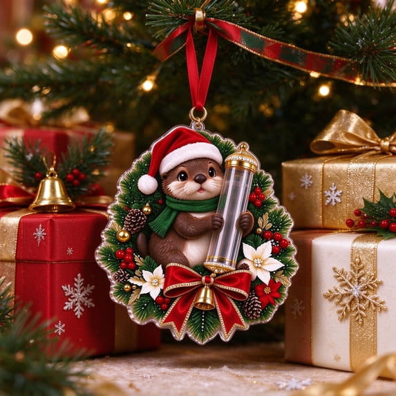 Cififendec Christmas Money Holder 6.38"×5.91", Santa Hat Otter Holding Clear Wish Tube, Xmas Tree Ornament for Party Gift