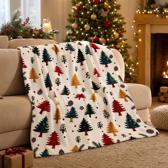 Cififendec Christmas Multi Color Tree Print Fleece Throw Blanket, 51.18"×39.37", Soft Plush Blanket with Xmas Tree Patterns for Bed Sofa Holiday Lounging
