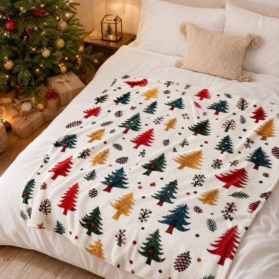 Cififendec Christmas Multi Color Tree Print Fleece Throw Blanket, 59.05"×51.18", Soft Plush Blanket with Xmas Tree Patterns for Bed Sofa Holiday Lounging