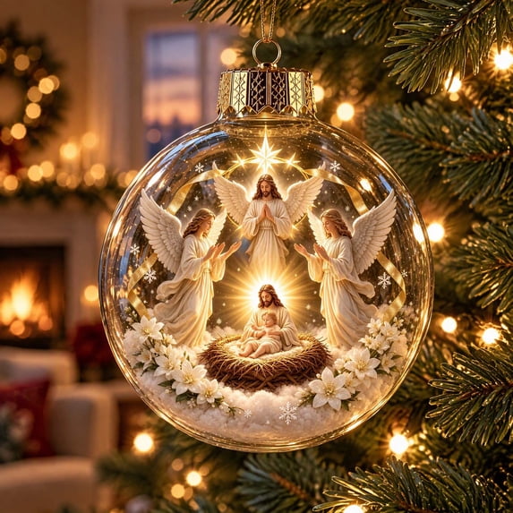 Cififendec Christmas Nativity Ball Ornament, Built in Warm Light Vivid 3D Nativity Scene Transparent Round Bauble for Xmas Tree Holiday Styling, 3.15"