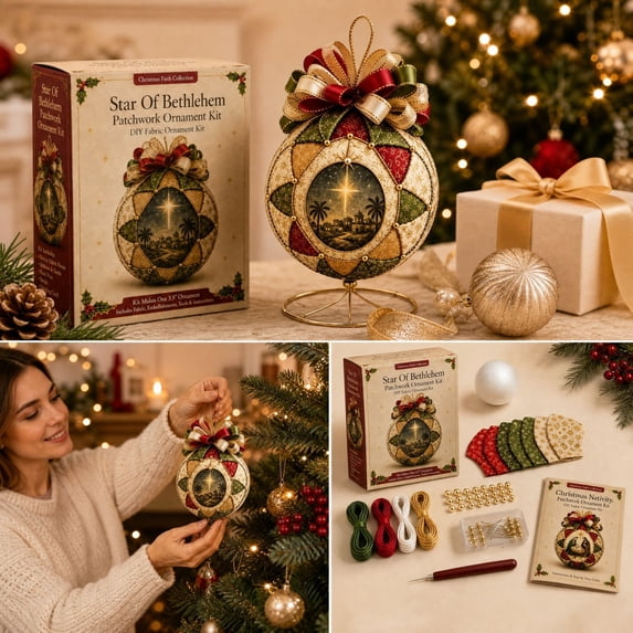 Cififendec Christmas Nativity Patchwork Bauble DIY Craft Kit, 7.87", Quilt Ball Ornament Making Set for Handmade Xmas Tree Hanging Assembly