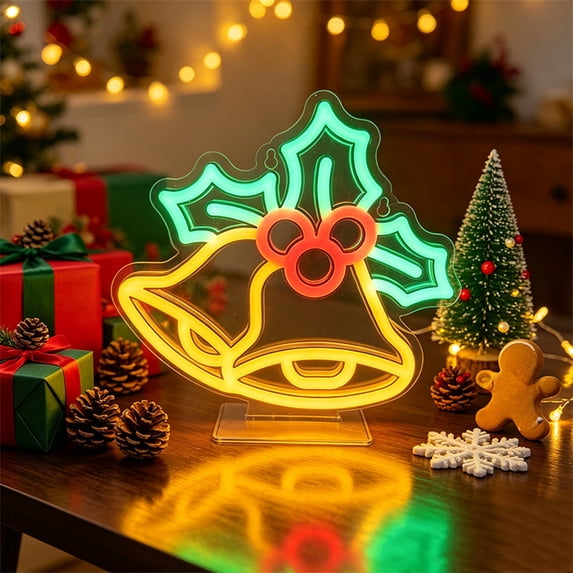 Cififendec Christmas Neon Sign Light, 10.2"×9.4", Usb Powered Dual Use Hanging Tabletop Neon Lamp with Festive Motifs for Window Mantel Holiday Lighting