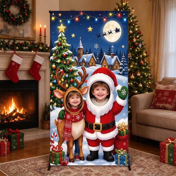 Cififendec Christmas Photo Booth Backdrop, Vertical Portrait Hole Background Banner with Snowy Village Print for Family Party Photo Corner, 70.8"35.4"