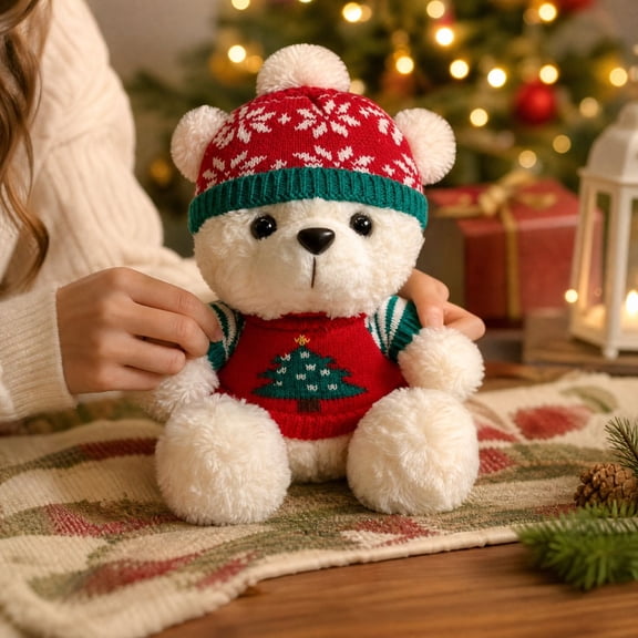 Cififendec Christmas Plush Teddy Bear, 7.09"×5.12", Soft Stuffed Holiday Bear Doll with Knitted Hat and Christmas Sweater for Tabletop and Shelf Styling