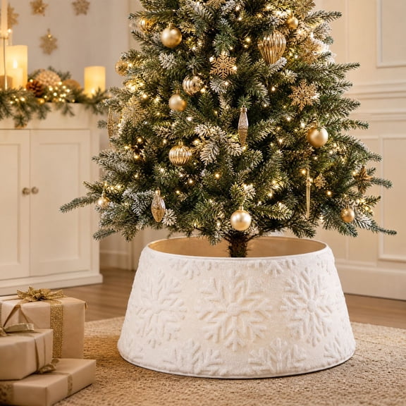 Cififendec Christmas Plush Tree Collar, 20.4"×8.6", 3D Embossed Snowflake Christmas Tree Ring Skirt for Indoor Xmas Tree Base Cover and Holiday Styling
