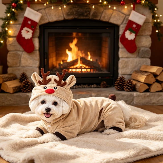 Cififendec Christmas Reindeer Pet Costume Onesie, 11.81", Soft Warm Hooded Animal Outfit for Xmas Cat Dog Holiday Dressing Up Styling