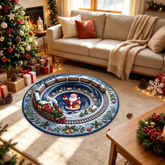 Cififendec Christmas Round Area Rug, 31.5", Large 3D Visual Illusion Floor Mat with Santa Print Non Slip Base for Fireplace Side Festive Floor Styling
