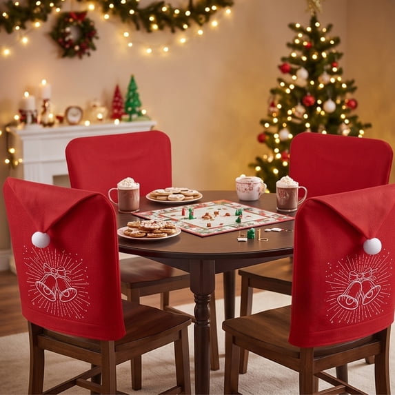 Cififendec Christmas Santa Hat Chair Covers, Red Felt Printed Chair Slipcovers for Dining Chairs and Holiday Dinner Setup, 24.8"×18.9"