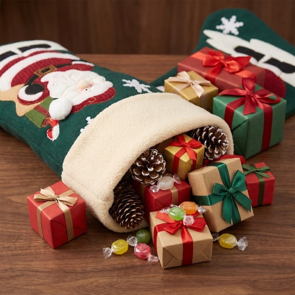 Cififendec Christmas Stocking Gift Bag, 18"×8", Santa Embroidery Hanging Sock for Candy Present Storage, Family Holiday Treat Holder