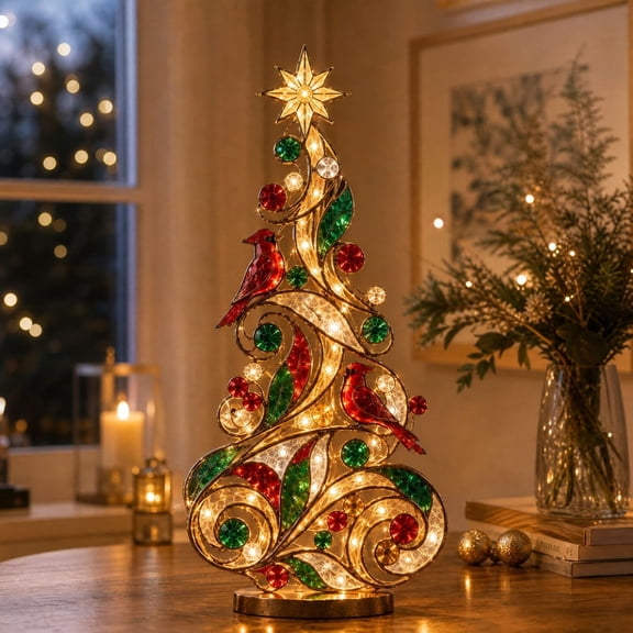 Cififendec Christmas Tabletop Tree Light, Acrylic Illuminated Table Centerpiece with Cardinal Bird Motifs for Evening Tabletop Display, 10"