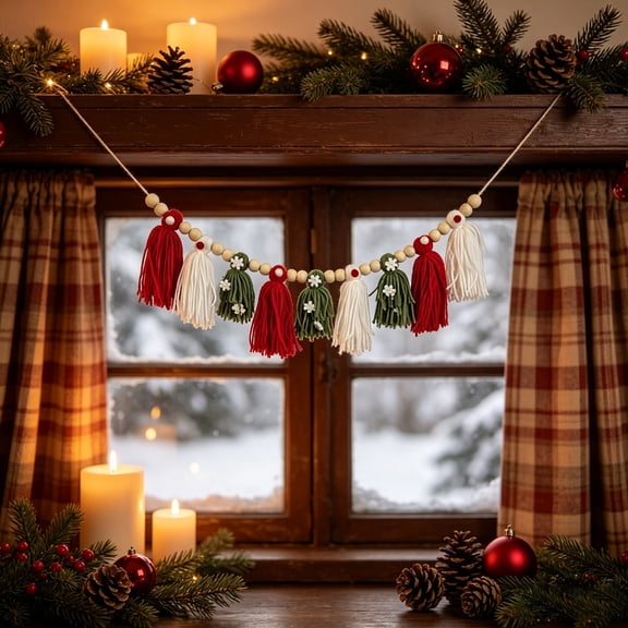 Cififendec Christmas Tassel Wooden Bead Garland Banner, 59.06", Tassel String with Mini Snowflake Accents for Window Mantel Farmhouse Xmas Indoor Hanging Decor