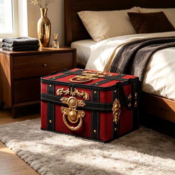 Cififendec Christmas Vintage Treasure Chest Storage Bin, 19.69"×13.78", Fabric Organizer with Pirate Trunk Print for Clothing Storing and Toy Space Arranging