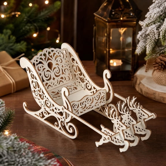Cififendec Christmas Wooden Sleigh Tabletop Ornament, 10.62"4.33", Laser Cut Hollow Reindeer Pull Sled DIY Assembly Decoration for Mantel Showcase