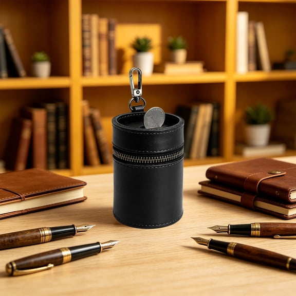 Cififendec Cylindrical Coin Piggy Bank, 4.61"×3.35", Leather Zipper Portable Change Storage Tube with Carabiner Hook for Pocket Purse Desk Small Coin Collection Organizer