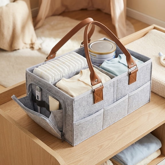 Cififendec Divided Felt Storage Caddy with Handle, 13"9", Multi Compartment Portable Organizer Bin for Car Interior Household Cosmetic Diaper & Daily Sundry Storage