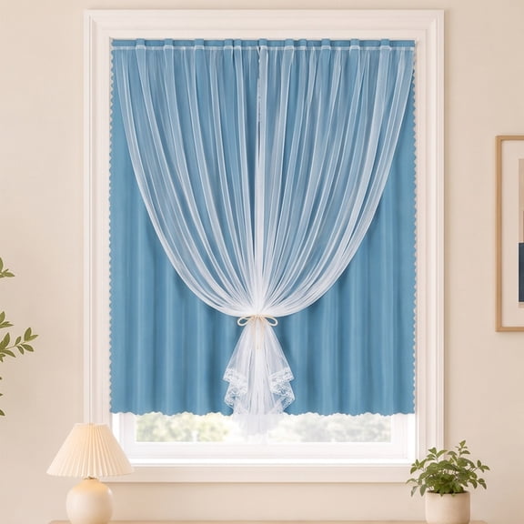 Cififendec Double Layer Full Blackout Curtain, 66.93"×59.06", Sheer Overlay Heat Insulating Window Drapes for Bay Window Bedroom Nook Arranging