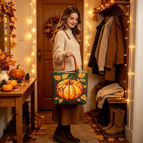 Cififendec Fall Pumpkin Maple Leaf Quilted Tote Bag, 14.96"×13.78", Large Capacity Reusable Handbag for Autumn Gift Carrying and Harvest Daily Use