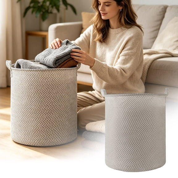 Cififendec Foldable Chevron Woven Laundry Hamper, 15.75"×11.81", Portable Round Storage Basket for Bedroom Dirty Clothes, Bathroom Sundry Household Organization