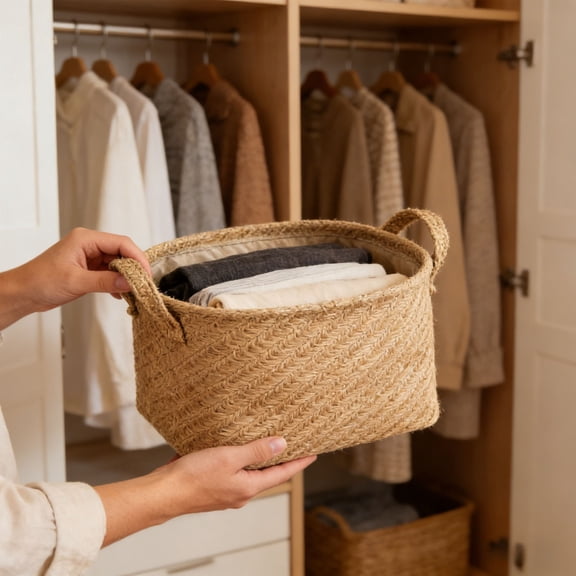 Cififendec Foldable Woven Storage Basket with Double Handles, 4.72", Natural Fiber Rectangular Organizer Bin for Clothes Toys Household Sundries
