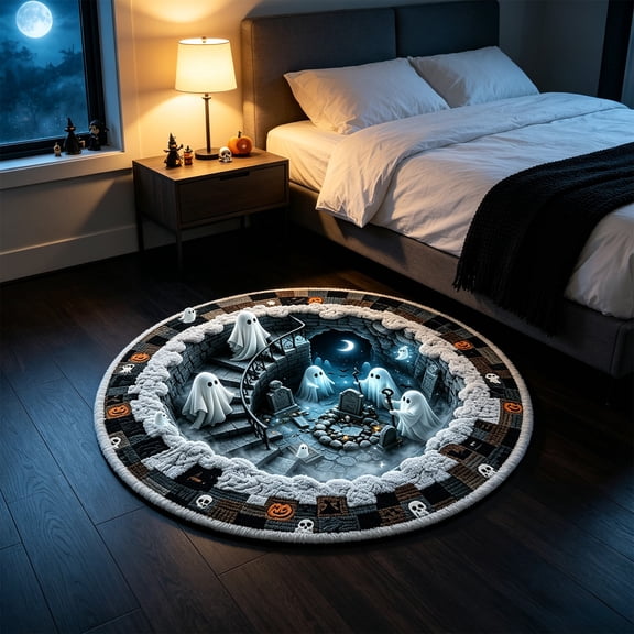 Cififendec Halloween 3D Round Area Rug, Spooky Ghost Cave Graveyard Non Slip Wear Resistant Floor Mat for Dorm and Vestibule Decor, 23.62"
