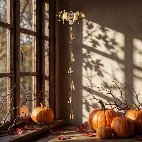 Cififendec Halloween Bat Metal Wind Chime, 13.77", Vintage Golden Bat Bell Hanging Ornament for Window Suncatcher, Covered Porch Seasonal Decor