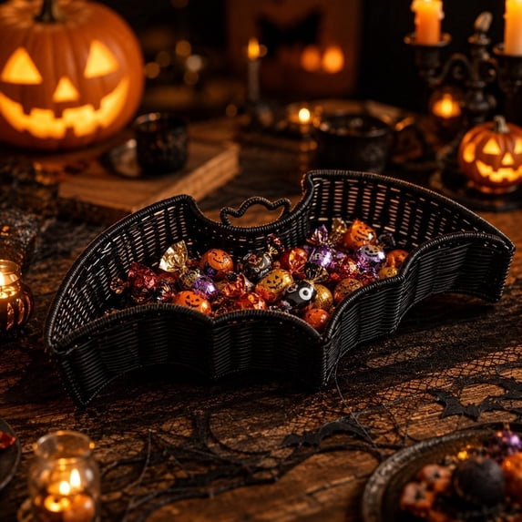 Cififendec Halloween Bat Serving Tray, 11"×5.5", Black Rattan Style Storage Basket for Candy Snack Tabletop Party Table Centerpiece