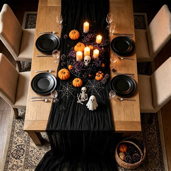 Cififendec Halloween Boho Tulle Table Runner, 118.11"×35.43", Flowy Sheer Gauze Decorative Table Runner for Spooky Dining Table Halloween Dinner Party