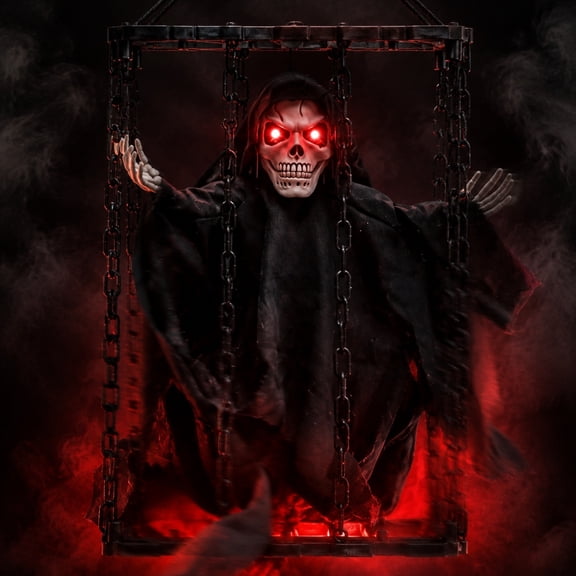 Cififendec Halloween Caged Skeleton Ghost Decor, 15.75"×9.06", Light Up Prison Phantom Prop for Porch Arbor Basement Haunted Scene Party Display