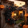 thumbnail image 1 of Cififendec Halloween Crescent Black Rose Wreath, 13.77"×9.05", Artificial Eucalyptus Red Berry Moon Shaped Hanging Ornament for Front Door Porch Farmhouse Spooky Wall Decor, 1 of 5