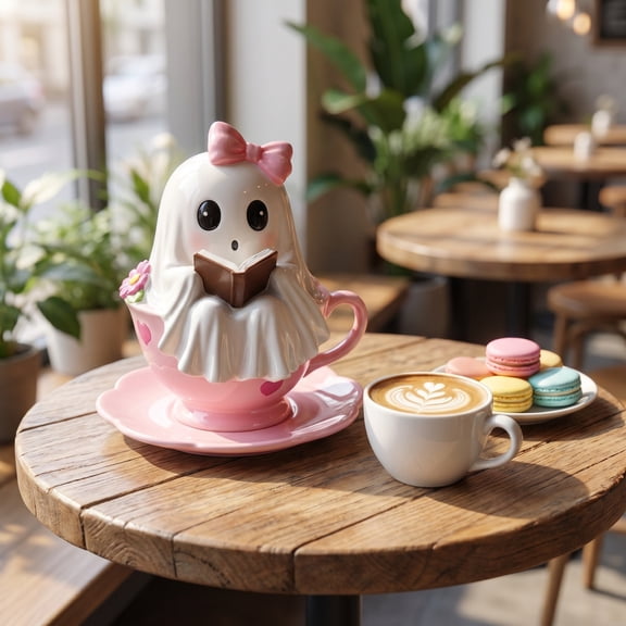 Cififendec Halloween Cute Ghost Cup Figurine, 4.5", Pink Ceramic Ghost Reading Book In Teacup Ornament for Vanity Tray Book Nook Table Vignette Decor
