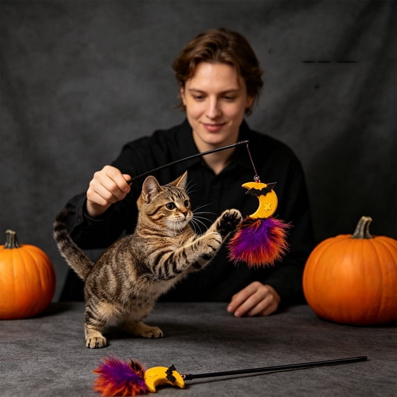 Cififendec Halloween Feather Cat Wand Toy, 15.74", Bell Pumpkin Spider Interactive Teaser Stick for Indoor Kitten Daily Play Entertainment,Yellow