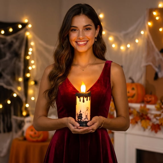 Cififendec Halloween Flameless LED Candle, 9.05"×3.54", Drip Haunted Silhouette Electronic Candles for Fireplace Mantle Decor Placement Scheme