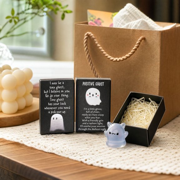 Cififendec Halloween Ghost Pocket Gift, Luminous Mini Ghost Figurine with Encouragement Message Card for Desk Tiny Keepsake Display, 2.4"