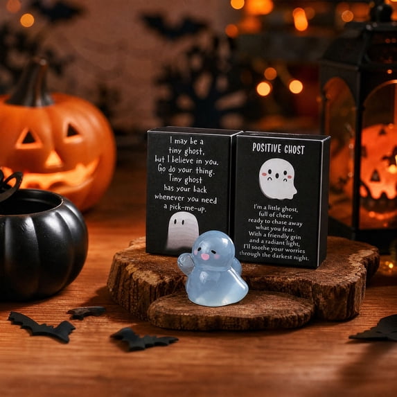 Cififendec Halloween Ghost Pocket Gift, Luminous Mini Ghost Figurine with Encouragement Message Card for Desk Tiny Keepsake Display, 2.4"