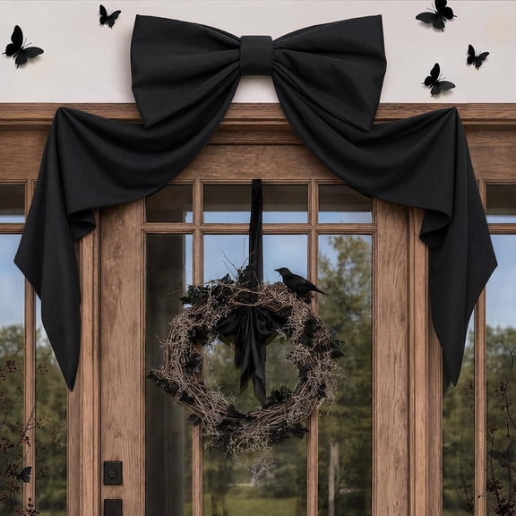 Cififendec Halloween Giant Black Bow Decor, 41.34"25.59", Large Soft Fabric Door Swag Bow for Front Door Window Lintel Farmhouse Gothic Outdoor Display