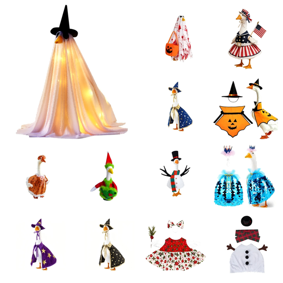 Cififendec Halloween Goose Costume Set, 10.7", Pumpkin Face Cape with Witch Hat for Front Porch 23" Garden Goose Statue Spooky Holiday Funny Decor Prop