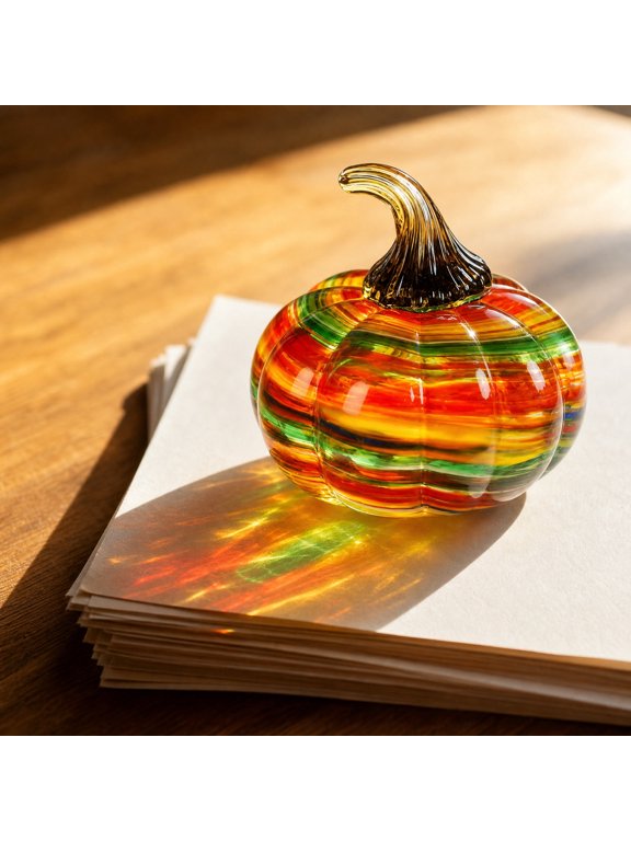 Halloween Hand Blown Glass Pumpkin Ornament, 3.54", Swirl Pattern Hanging Glass Pumpkin for Table Window Mantel Fall Season Home Accent