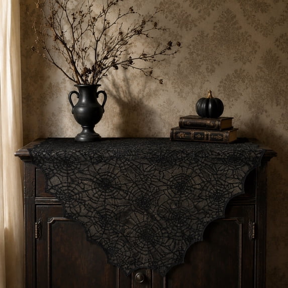 Cififendec Halloween Lace Spider Web Table Runner, 48"×14", Hollow Gothic Mesh Table Decor Cloth for Dining Table Fireplace Mantel Entry Console Spooky Season Accent