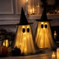 thumbnail image 1 of Cififendec Halloween Light Up Fabric Ghost Hanging Ornament, Double Layer Tulle Ghost with Witch Hat for Porch Eave and Fireplace Mantel Decor, 21.65", 1 of 7